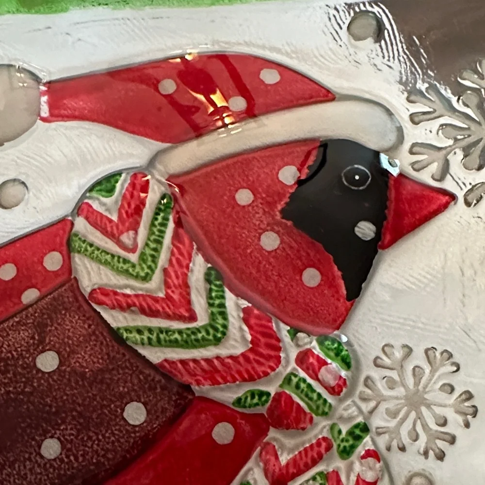Handmade Fused Glass Holiday Cardinal Plate 🎄 Red & Green Decorative Dish